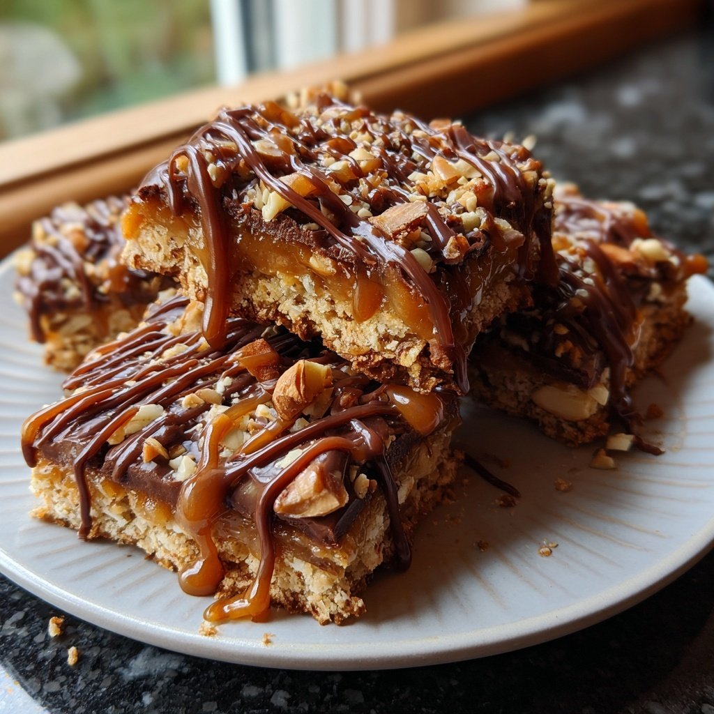 Nussecken mit Karamell, Nüssen und Schokoguss​