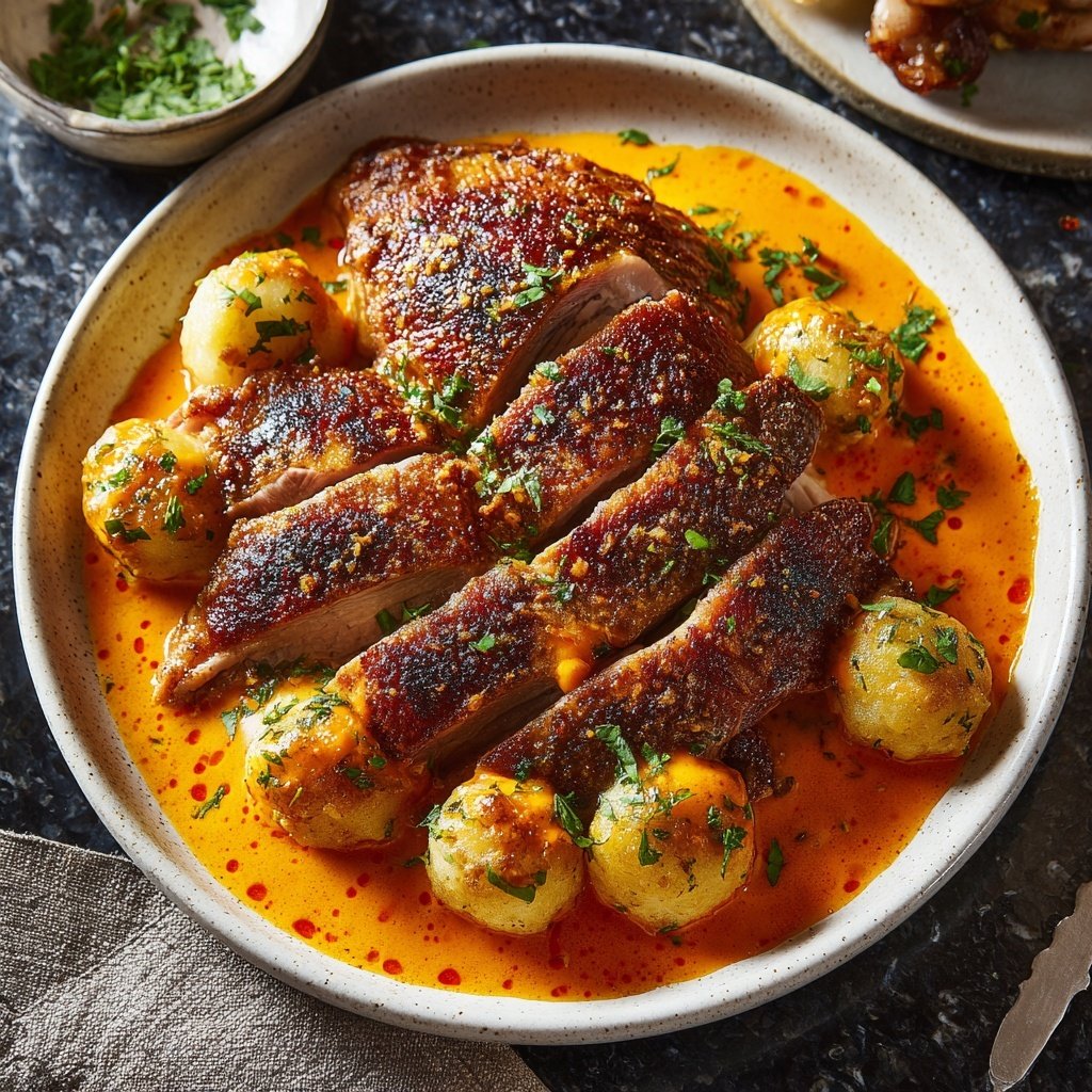 Knusprige Entenbrust mit Orangensauce und Kartoffelknödeln​